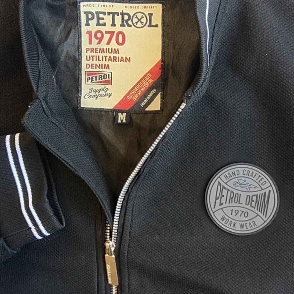 Petrol Denim Black Bomber Jacket Men's Medium Retro Gas & Oil Full Zip Pockets - Picture 14 of 14